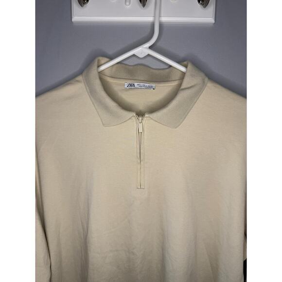 Zara Long Sleeve Quarter Zip Collar Polo Shirt Oyster White Cream Mens Large - Picture 5 of 12